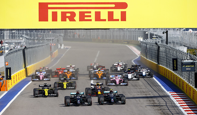 Formula One - Mercedes-AMG Petronas Motorsport, Russian GP 2020. Valtteri Bottas Lewis Hamilton leading at the start.