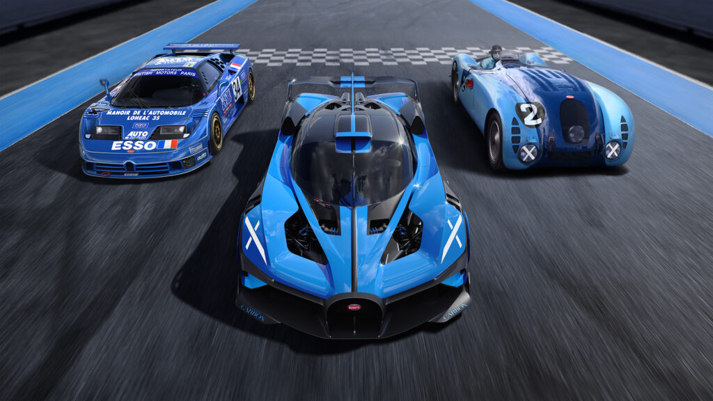 Bugatti Bolide on track with two vintage Bugatti race cars