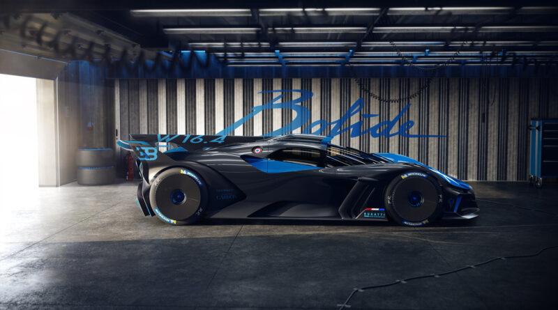 Bugatti Bolide side view in a garage