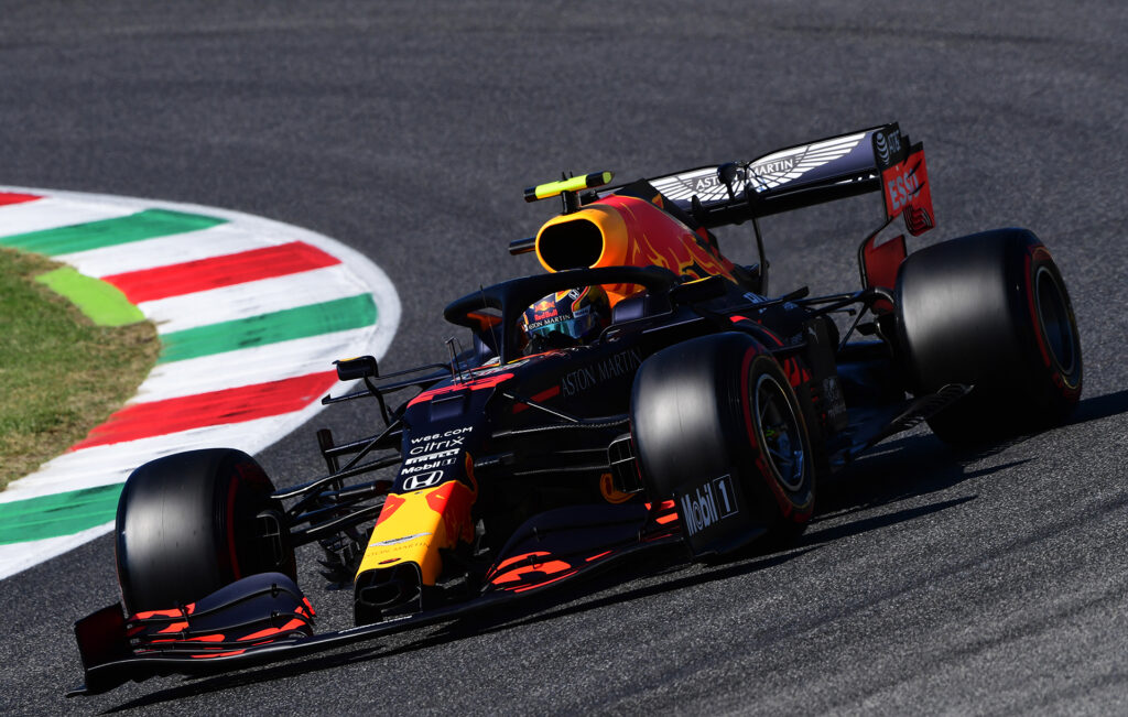SCARPERIA, ITALY - SEPTEMBER 12: Alexander Albon of Thailand driving the (23) Aston Martin Red Bull Racing RB16 on track during qualifying for the F1 Grand Prix of Tuscany at Mugello Circuit on September 12, 2020 in Scarperia, Italy. (Photo by Jenifer Lorenzini - Pool/Getty Images)