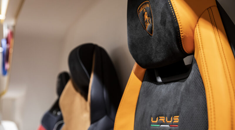 Lamborghini THE LOUNGE TOKYO Ad Personam area. Lamborghini seats on display