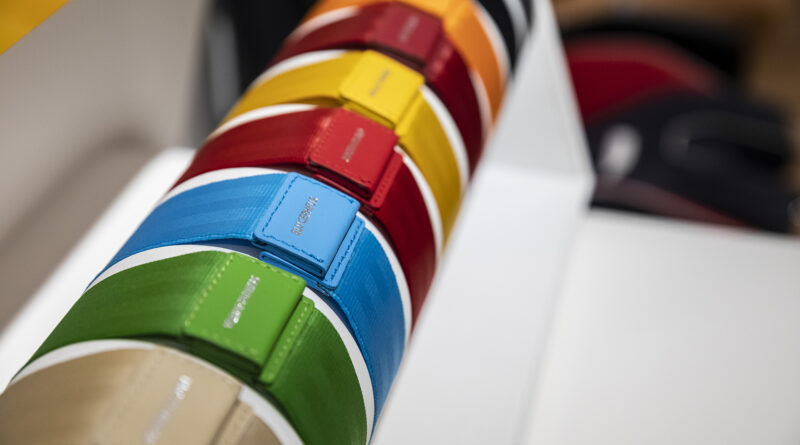 Lamborghini THE LOUNGE TOKYO Ad Personam area. Various colored seatbelts on display