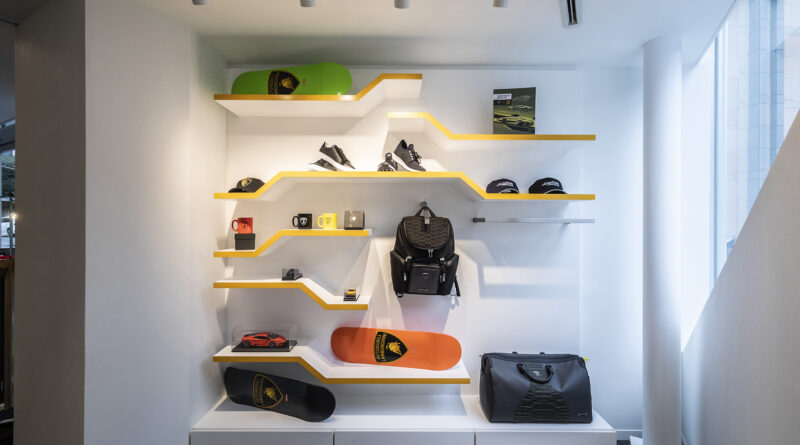 Lamborghini THE LOUNGE TOKYO Ad Personam area. Various Lamborghini accessories on display