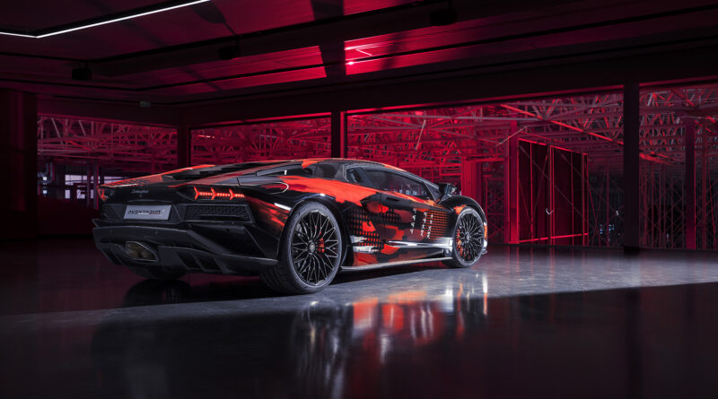 Yohji Yamamoto Lamborghini Aventador S ground level side view perspective facing away