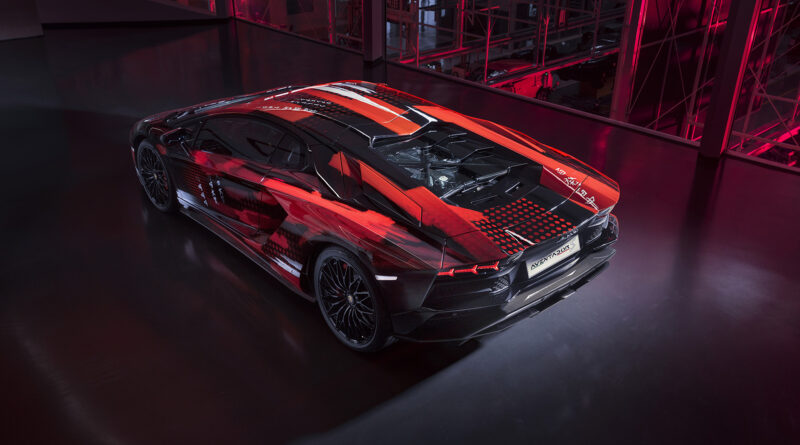 Yohji Yamamoto Lamborghini Aventador S elevated perspective view facing away