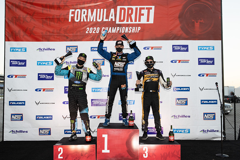 Formula Drift Texas Pro Round 6 Podium. 1st place: Chris Forsberg, 2nd place Vaughn Gittin Jr., 3rd place Chelsea DeNofa