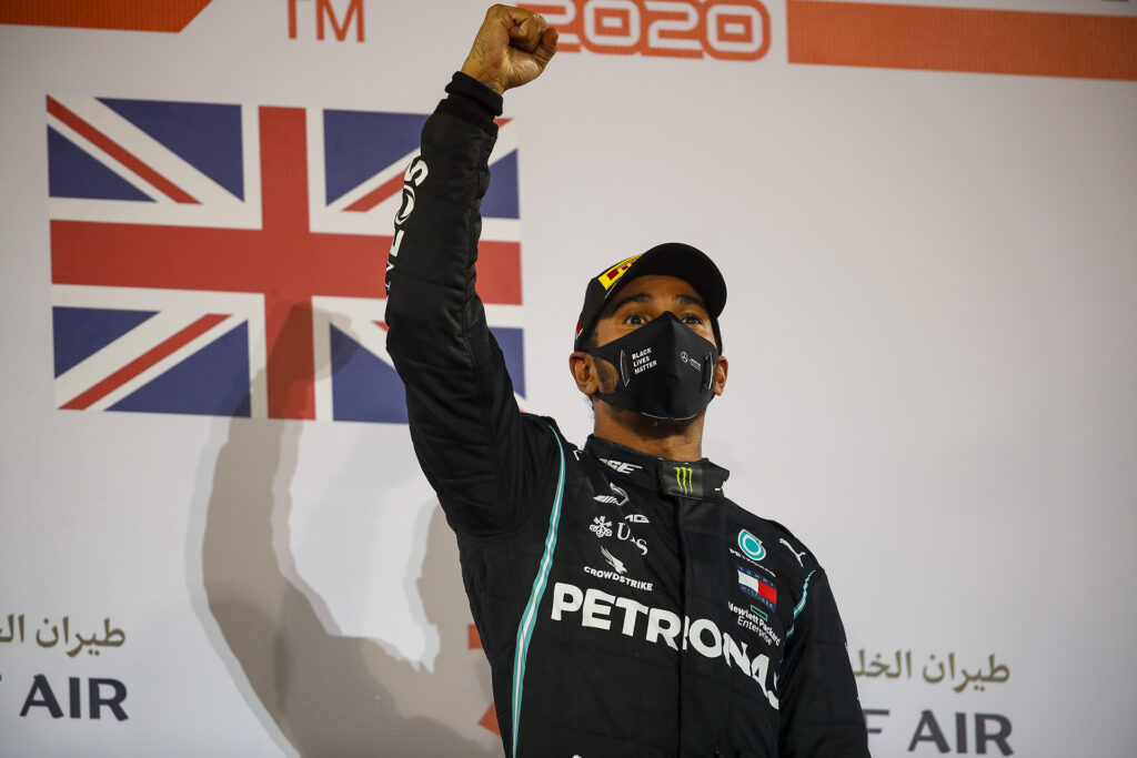 Lewis Hamilton on top of the podium after his victory at the Bahrain GP