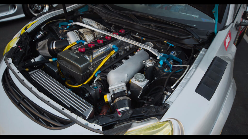 Toyota 2JZ engine under the hood of the Evasive Motorsports FR-S Pikes Peak car