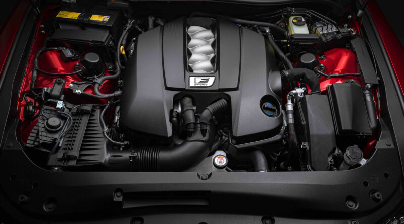 Lexus IS 500 F Sport Performance engine bay featuring 5.0 liter V8 engine with 476 horsepower