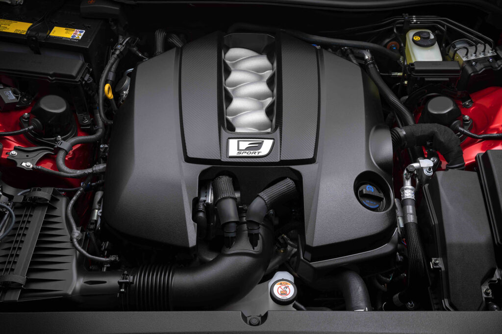 Lexus IS 500 F Sport Performance engine bay featuring 5.0 liter V8 engine with 476 horsepower