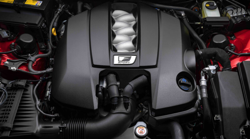 Lexus IS 500 F Sport Performance engine bay featuring 5.0 liter V8 engine with 476 horsepower
