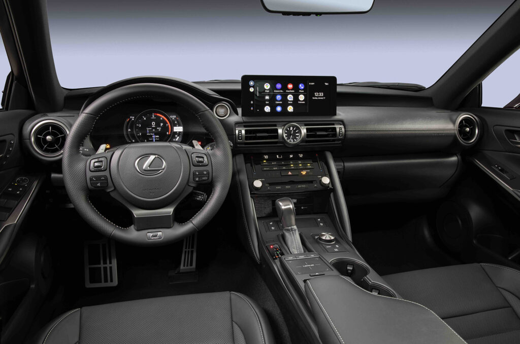 Lexus IS 500 F Sport Performance interior with Android Auto on infotainment touch screen