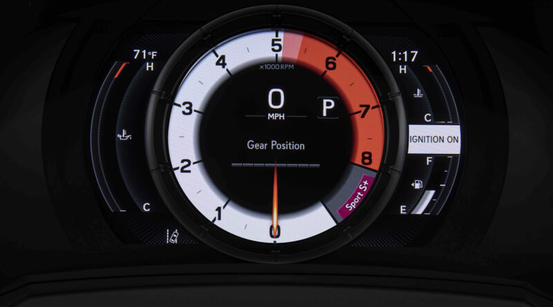 Lexus IS 500 F Sport Performance digital gauge cluster in performance mode