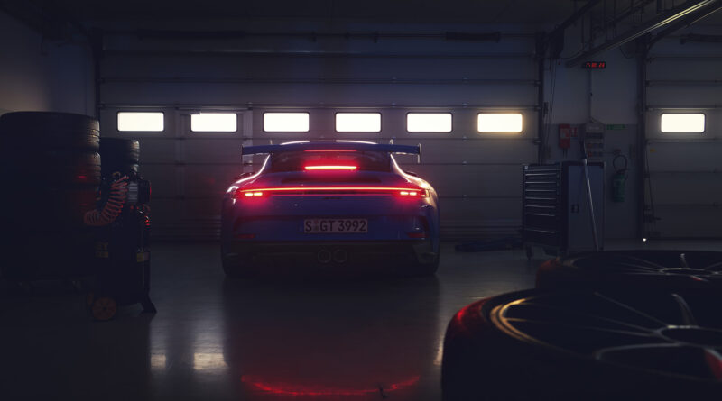 2022 Porsche 911 GT3 rear view with taillights on