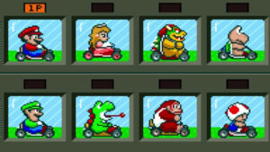 Character selection screen from Super Mario Kart on the Super Nintendo video game console