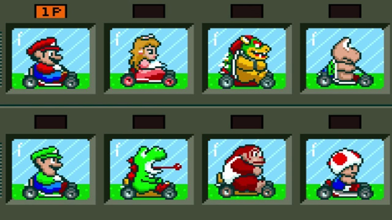 Character selection screen from Super Mario Kart on the Super Nintendo video game console