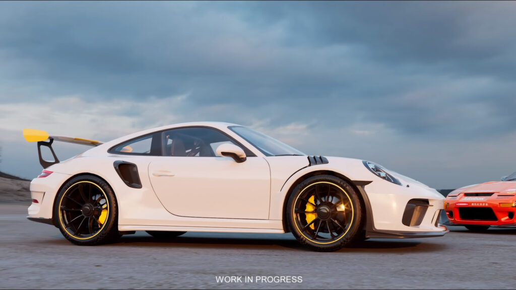 A work in progress shot of the next Need For Speed game featuring a white Porsche 911 GT2