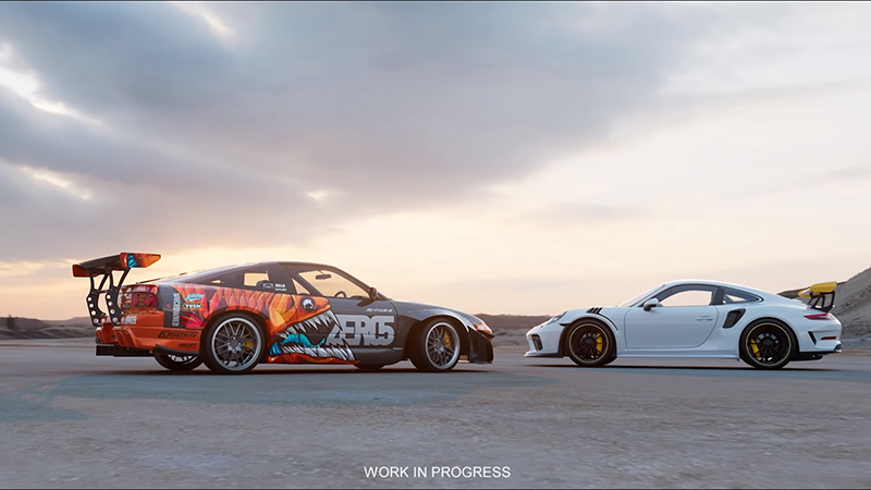 A glimpse of the next Need For Speed game featuring a white Porsche 911 GT2 and a Nissan 240SX fastback Drift car shown off during the EA Play 2020 livestream event
