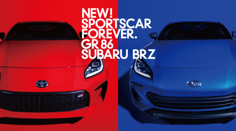 2022 Toyota GR 86 (red) next to the 2022 Subaru BRZ (blue)