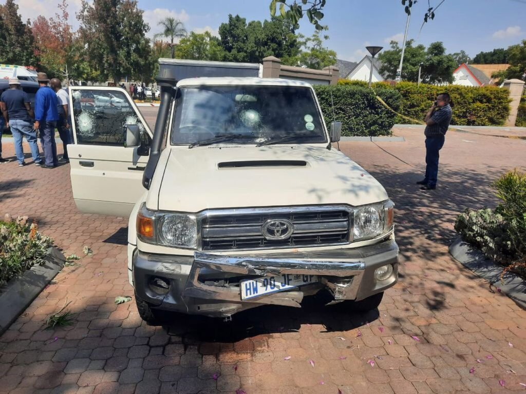 The damaged front end of an armored 2019 Toyota Land Cruiser that was attacked by armed robbers in South Africa