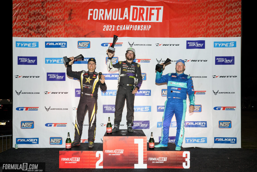 Formula Drift 2021 Round 2 Orlando, Florida. PRO series podium 1st place: Chelsea DeNofa, 2nd place: Fredric Aasbo, 3rd place: Justin Pawlak