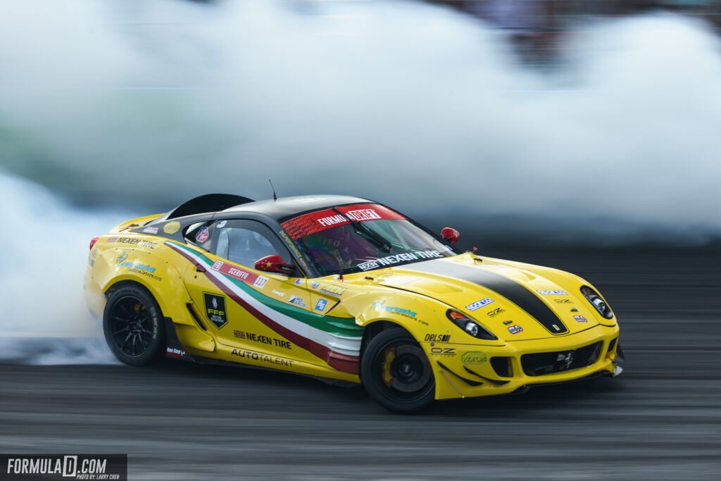 Formula Drift Driver Federico Sceriffo driving his yellow Ferrari 599 drift car at Round 2 in Orlando. May 2021