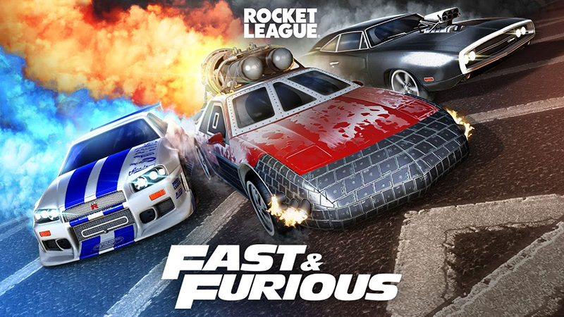 Rocket League Fast & Furious bundle promo image featuring the 2Fast 2Furious Skyline R34 (left), The Fast & Furious 9 rocket powered Pontiac Fiero (center), and The Fast And The Furious 1970 Dodge Charger (right).
