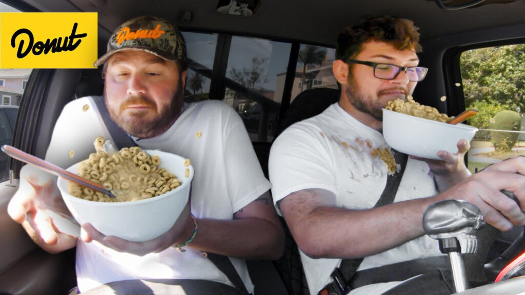 James and Nolan from Donut Media test the worst foods to eat while driving