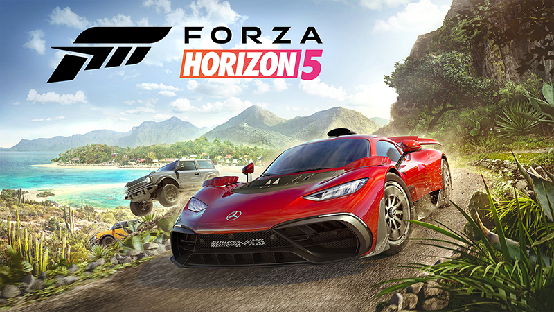Forza Horizon 5 cover art featuring Mercedes-AMG Project ONE and Ford Bronco Badlands