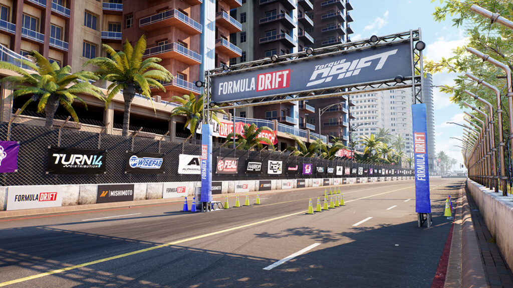 A screenshot from the video game Torque Drift 2 featuring the starting line from Long Beach round of Formula Drift