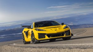 Chevrolet Corvette ZR1 Coupe with ZTK Performance Package driving up a curvy mountain road. Preproduction model shown. Actual production model may vary.