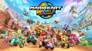 Key title graphic for the Nintendo Switch 2 game Mario Kart World. The splash image features all the characters riding different vehicles toward the camera with Mario front and center. The space above features the Mario Kart World logo.