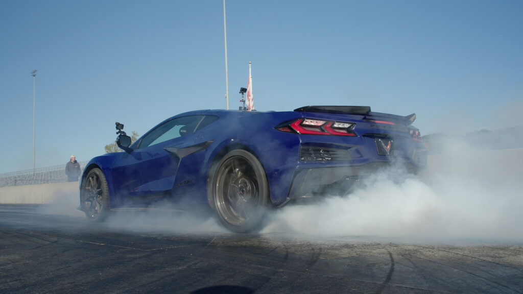 Corvette ZR1X generating tire smoke at drag strip. Preproduction model shown, actual production model may vary.