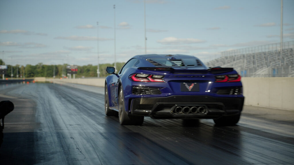 Rear view of Corvette ZR1X on drag strip. Preproduction model shown, actual production model may vary.