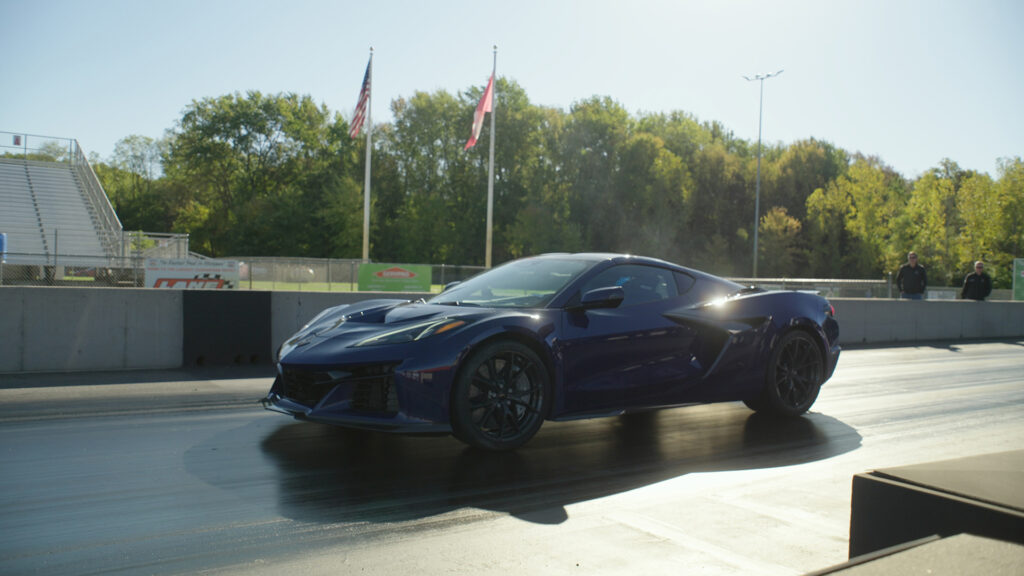 Front 3/4 view of Corvette ZR1X on drag strip. Preproduction model shown, actual production model may vary.