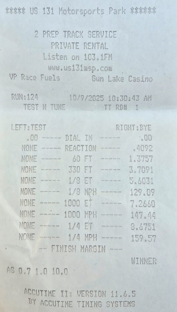 Official track slip from Corvette ZR1X testing at drag strip.